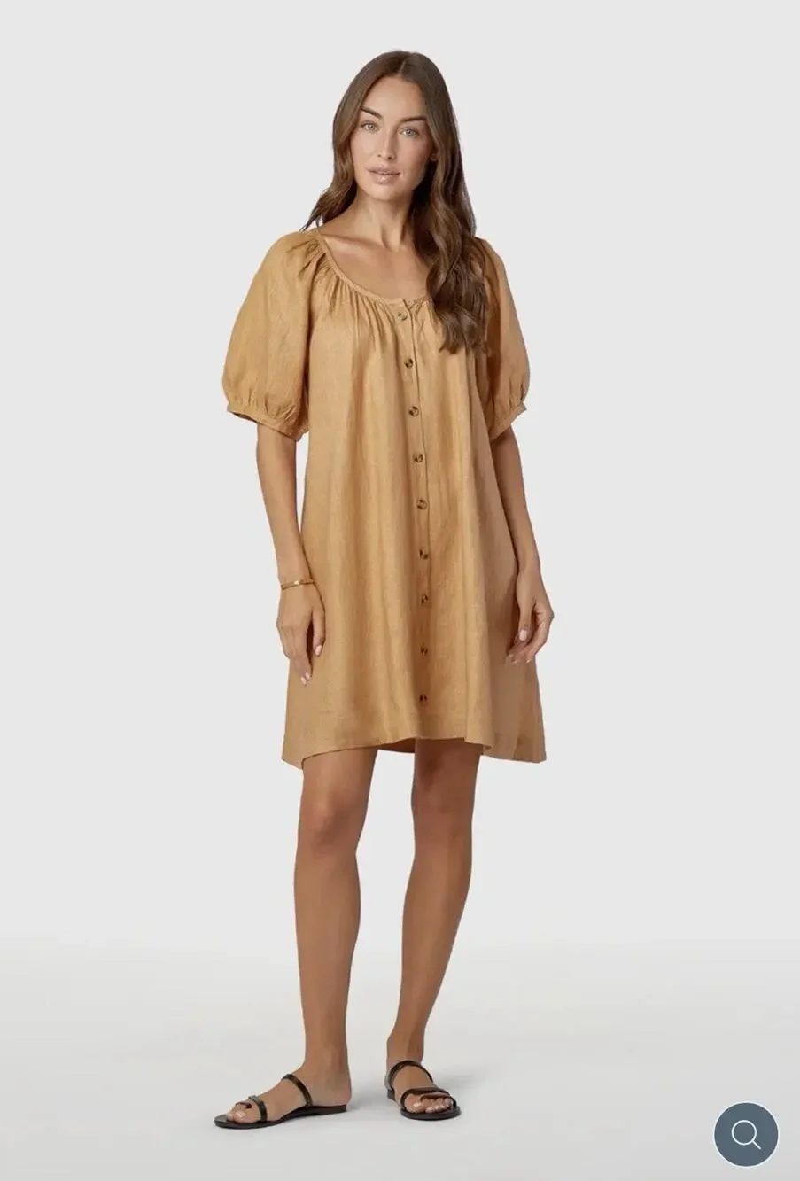 LIVRO Camel 100% Linen Round Neck Button Front Puff Sleeve Shift Dress size XS